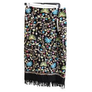 Intriguing Threads Embroidered Fringe Maxi Skirt 12 NWT